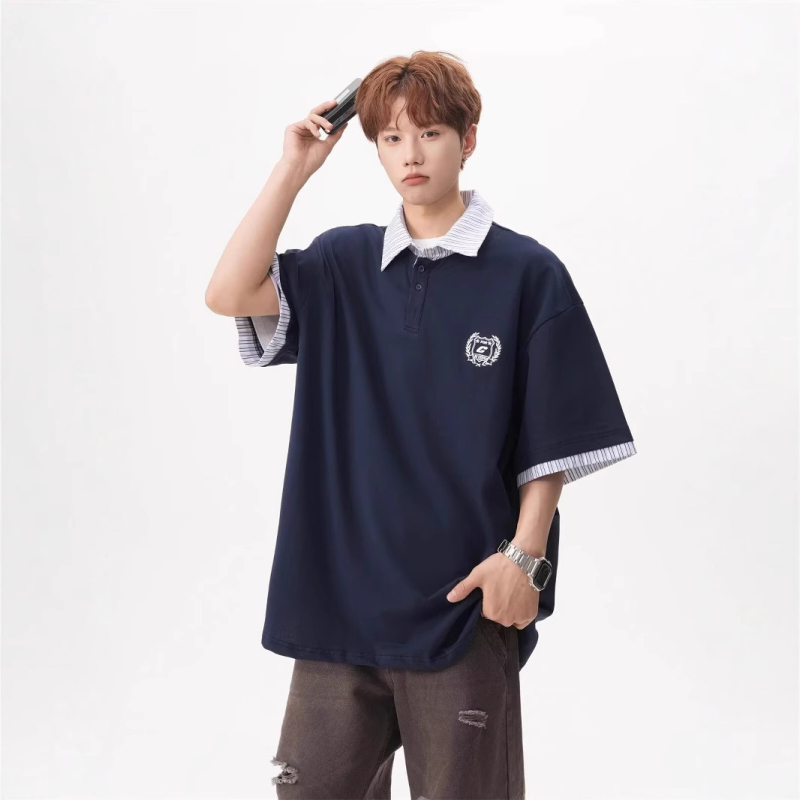 Ljetna polo majica s izšivenom vezom u američkom retro preppy stilu, unisex, široki kroj, lažni dvodijelni dizajn