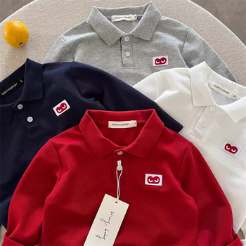 Tricou polo pentru copii cu mânecă lungă, toamna 2025, stil japonez cu inimă, culoare solidă, top de bază