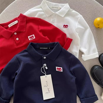 Tricou polo pentru copii cu mânecă lungă, toamna 2025, stil japonez cu inimă, culoare solidă, top de bază