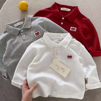 Tricou polo pentru copii cu mânecă lungă, toamna 2025, stil japonez cu inimă, culoare solidă, top de bază