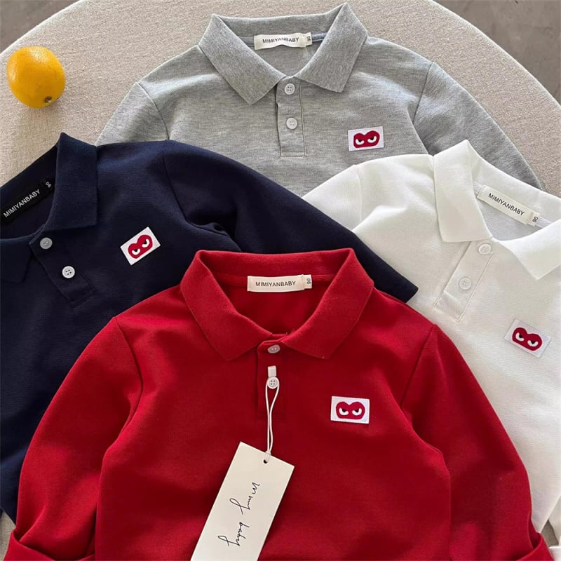 Tricou polo pentru copii cu mânecă lungă, toamna 2025, stil japonez cu inimă, culoare solidă, top de bază