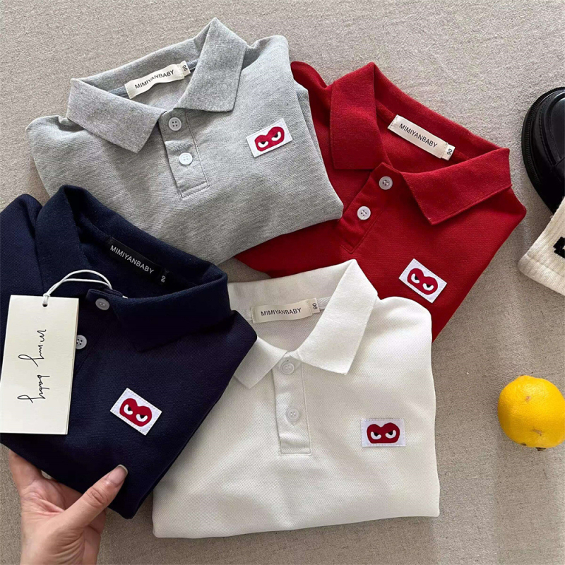 Tricou polo pentru copii cu mânecă lungă, toamna 2025, stil japonez cu inimă, culoare solidă, top de bază