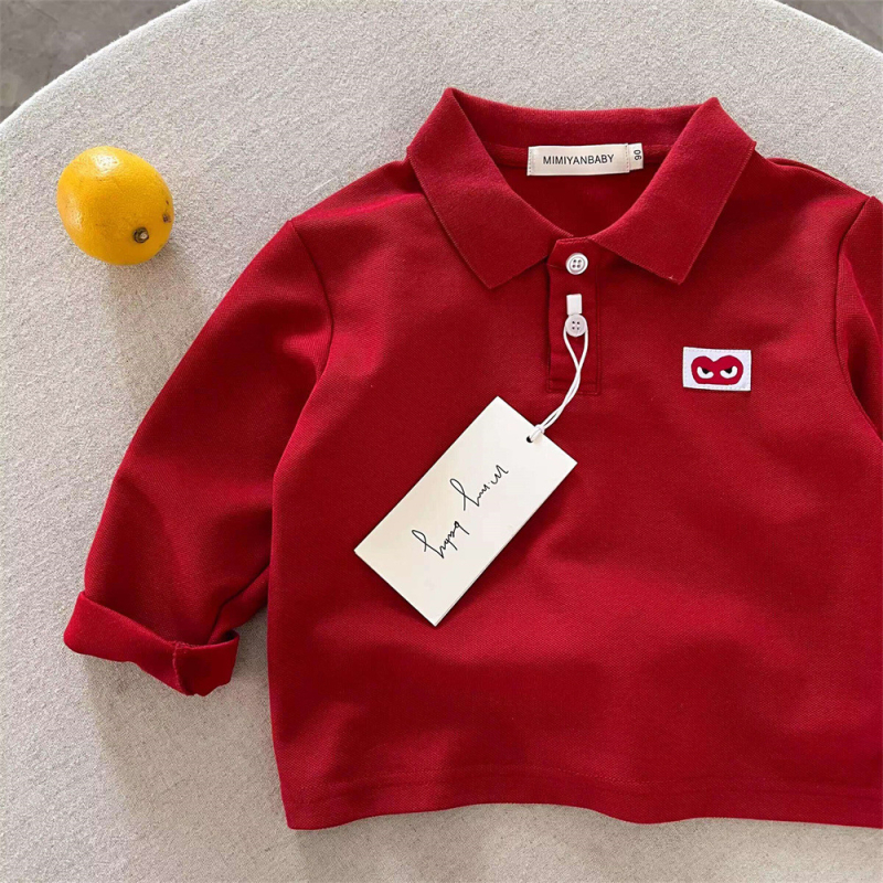 Tricou polo pentru copii cu mânecă lungă, toamna 2025, stil japonez cu inimă, culoare solidă, top de bază