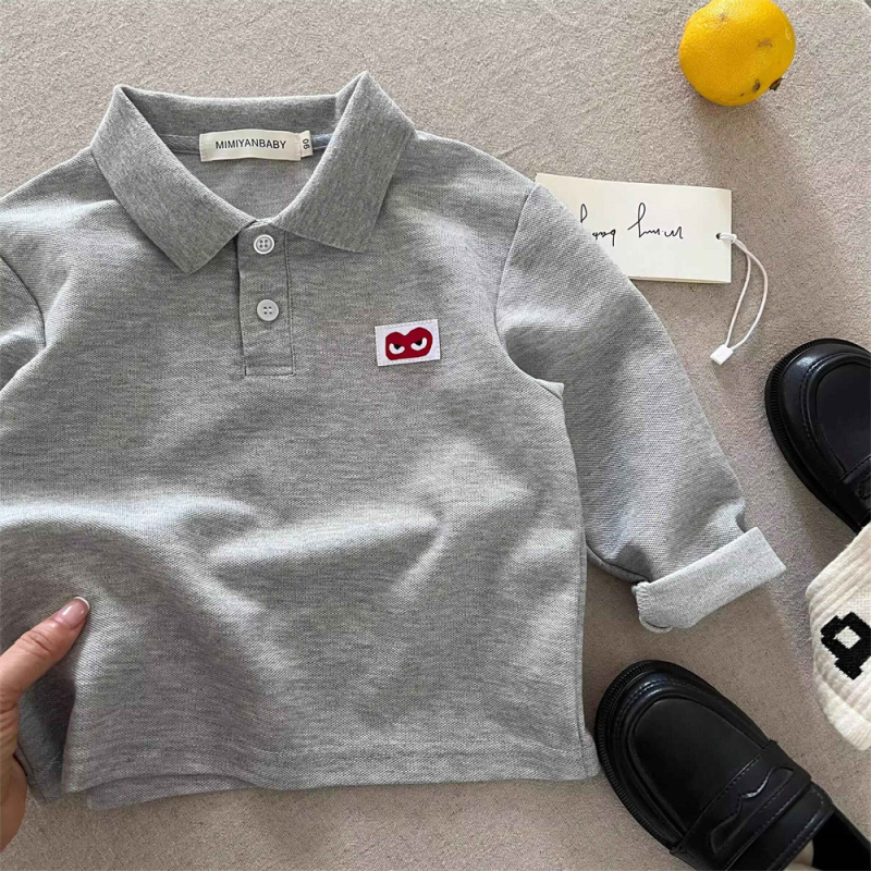 Tricou polo pentru copii cu mânecă lungă, toamna 2025, stil japonez cu inimă, culoare solidă, top de bază
