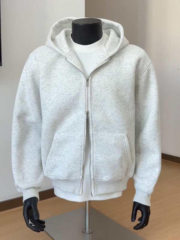Ανδρικό cardigan-φούτερ σε λευκό και γκρι, με διπλής κατεύθυνσης φερμουάρ, φθινοπωρινό CleanFit με κουκούλα
