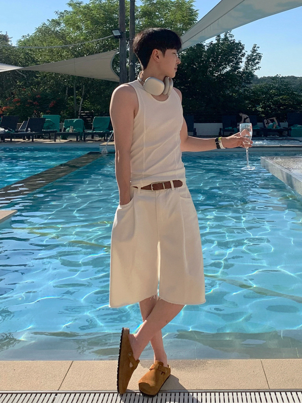 MYQ Ανδρικό Καλοκαιρινό Αμάνικο T‑Shirt, Slim‑Fit, 100% Βαμβάκι, Στρογγυλός Λαιμός, Μονόχρωμο, Κορεάτικο Στυλ
