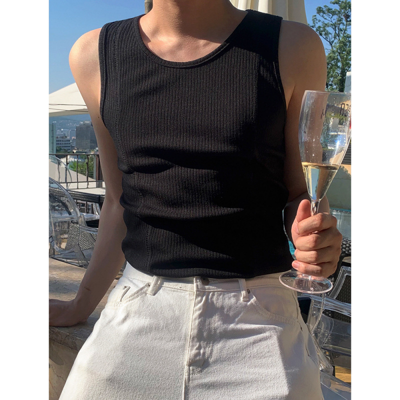 MYQ Ανδρικό Καλοκαιρινό Αμάνικο T‑Shirt, Slim‑Fit, 100% Βαμβάκι, Στρογγυλός Λαιμός, Μονόχρωμο, Κορεάτικο Στυλ