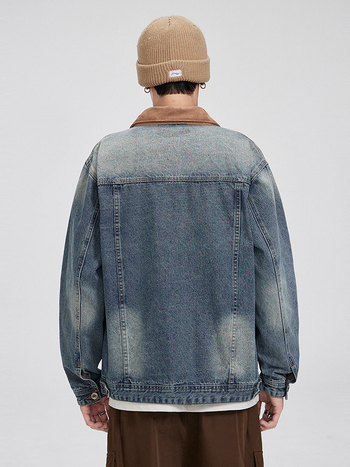 Maple House férfi denim dzseki, amerikai retro kopott hatás, patchwork színblokkokkal, galléros