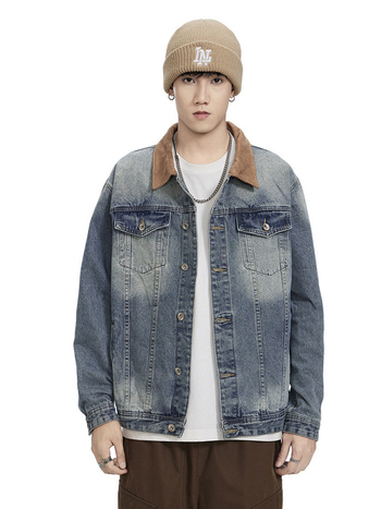Maple House férfi denim dzseki, amerikai retro kopott hatás, patchwork színblokkokkal, galléros