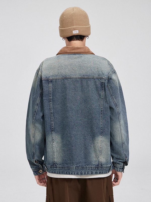 Maple House férfi denim dzseki, amerikai retro kopott hatás, patchwork színblokkokkal, galléros