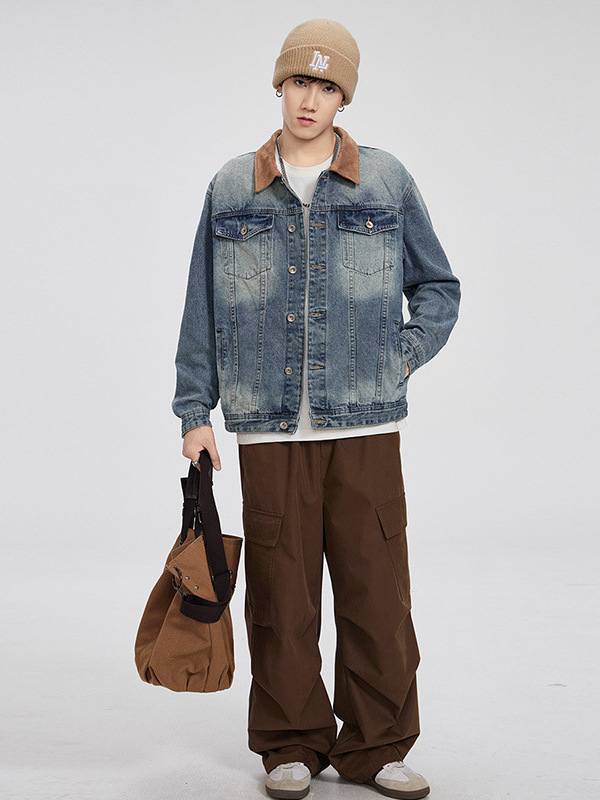 Maple House férfi denim dzseki, amerikai retro kopott hatás, patchwork színblokkokkal, galléros
