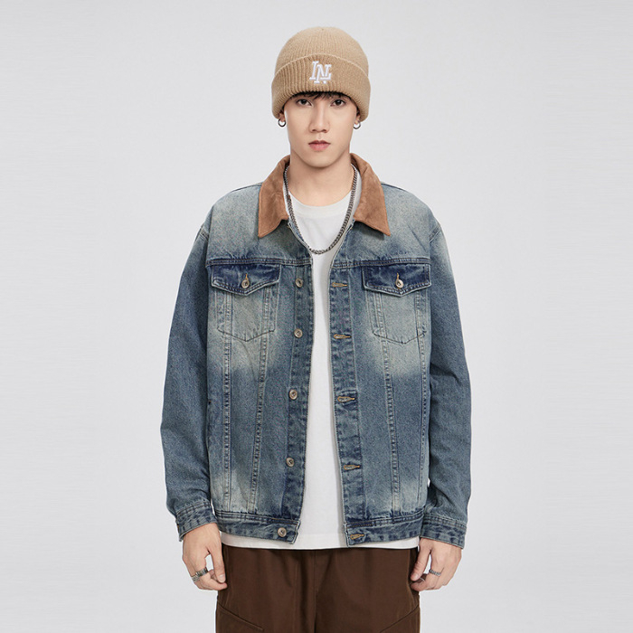 Maple House férfi denim dzseki, amerikai retro kopott hatás, patchwork színblokkokkal, galléros