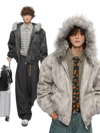 Ανδρικό χειμερινό βαμβακερό μπουφάν με fleece επένδυση και κουκούλα, μοτίβο Mountain Eagle Ink-Dyed, vintage αμερικανικό στυλ, καθαρή γραμμή