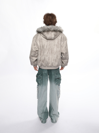 Ανδρικό χειμερινό βαμβακερό μπουφάν με fleece επένδυση και κουκούλα, μοτίβο Mountain Eagle Ink-Dyed, vintage αμερικανικό στυλ, καθαρή γραμμή