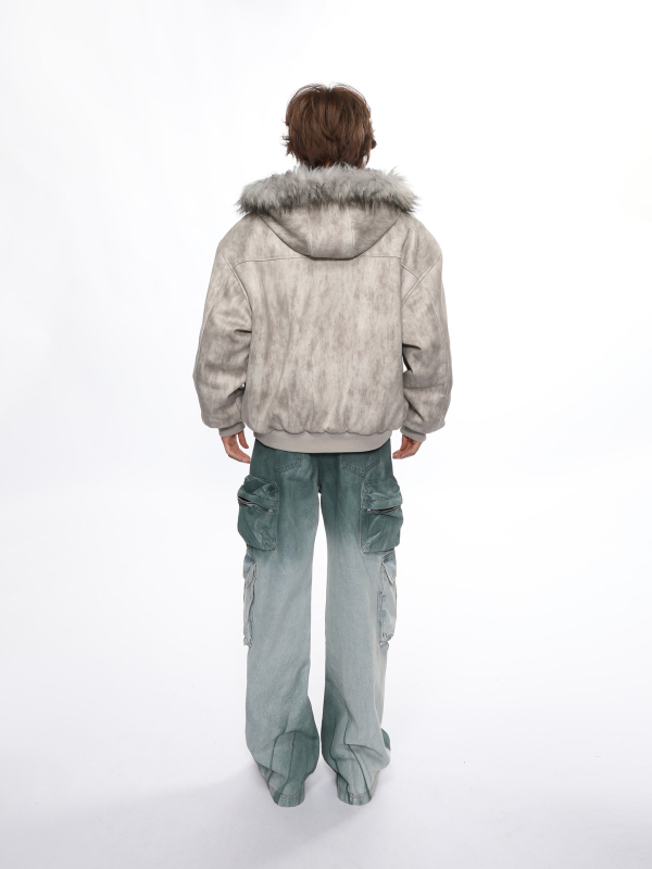 Ανδρικό χειμερινό βαμβακερό μπουφάν με fleece επένδυση και κουκούλα, μοτίβο Mountain Eagle Ink-Dyed, vintage αμερικανικό στυλ, καθαρή γραμμή