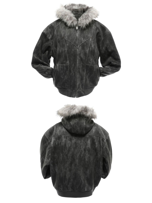 Ανδρικό χειμερινό βαμβακερό μπουφάν με fleece επένδυση και κουκούλα, μοτίβο Mountain Eagle Ink-Dyed, vintage αμερικανικό στυλ, καθαρή γραμμή