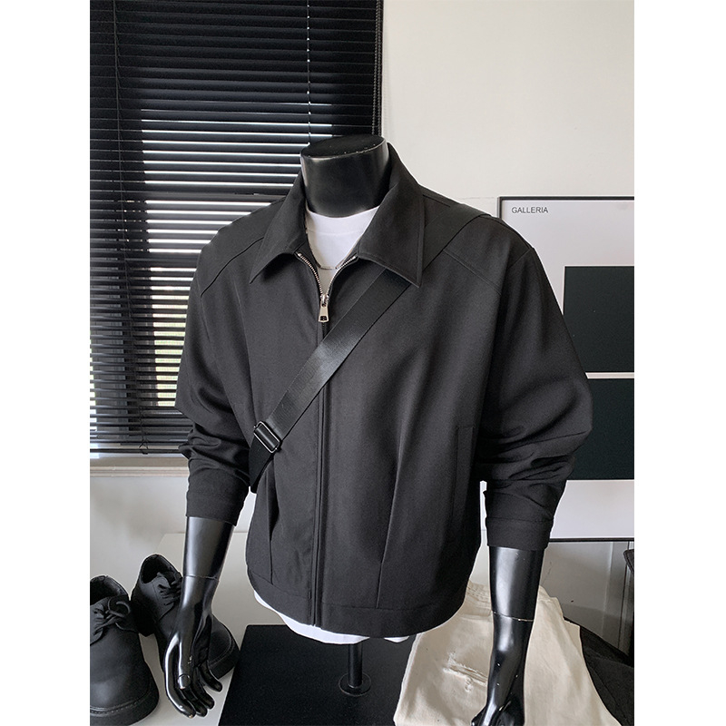 Ανδρικό κοντό, χαλαρό σακάκι σε στυλ business casual με πέτο, φερμουάρ, μονόχρωμο, χωρίς κουκούλα, μακριά μανίκια, ίσια γραμμή, για άνοιξη και φθινόπωρο