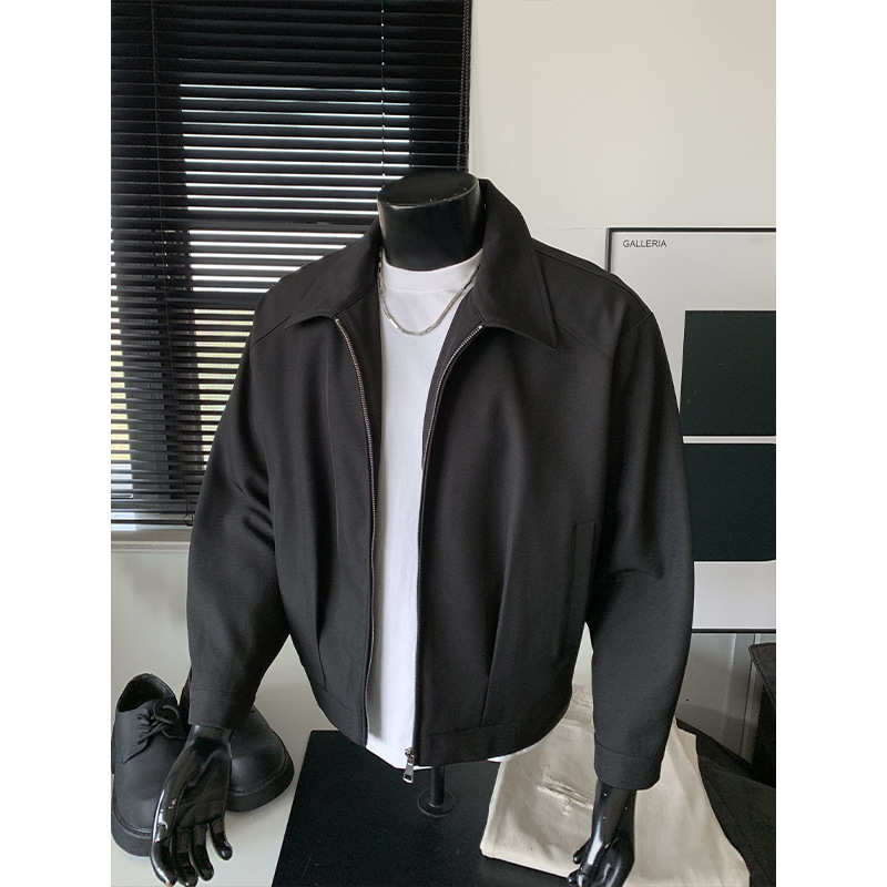 Ανδρικό κοντό, χαλαρό σακάκι σε στυλ business casual με πέτο, φερμουάρ, μονόχρωμο, χωρίς κουκούλα, μακριά μανίκια, ίσια γραμμή, για άνοιξη και φθινόπωρο