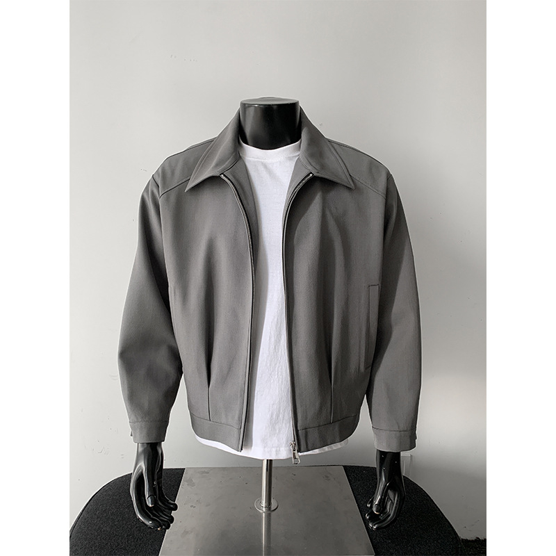 Ανδρικό κοντό, χαλαρό σακάκι σε στυλ business casual με πέτο, φερμουάρ, μονόχρωμο, χωρίς κουκούλα, μακριά μανίκια, ίσια γραμμή, για άνοιξη και φθινόπωρο