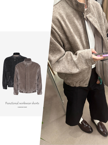 Férfi Harrington dzseki fa mintás textúrával és houndstooth mintával, álló gallér, rövid fazon, cipzár