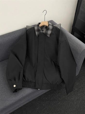 Férfi vintage hamis két részes repülőkabát kockás patchworkkal, barna, amerikai casual stílus