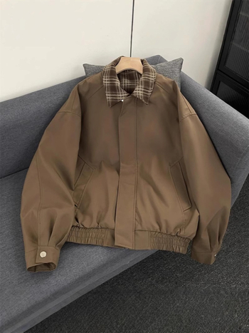 Férfi vintage hamis két részes repülőkabát kockás patchworkkal, barna, amerikai casual stílus