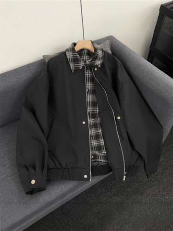 Férfi vintage hamis két részes repülőkabát kockás patchworkkal, barna, amerikai casual stílus