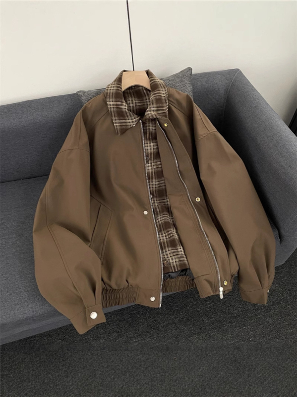 Férfi vintage hamis két részes repülőkabát kockás patchworkkal, barna, amerikai casual stílus