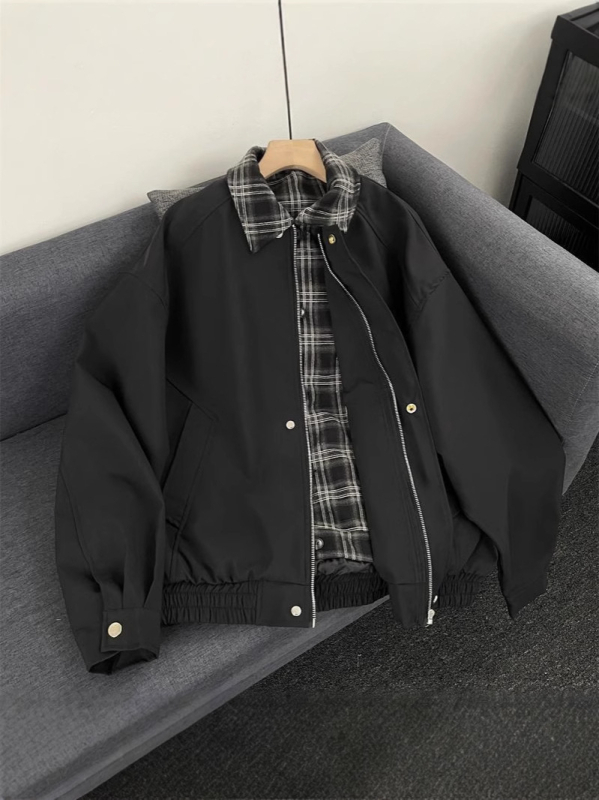 Férfi vintage hamis két részes repülőkabát kockás patchworkkal, barna, amerikai casual stílus