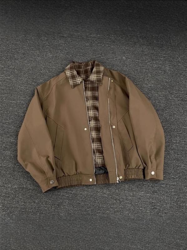 Férfi vintage hamis két részes repülőkabát kockás patchworkkal, barna, amerikai casual stílus