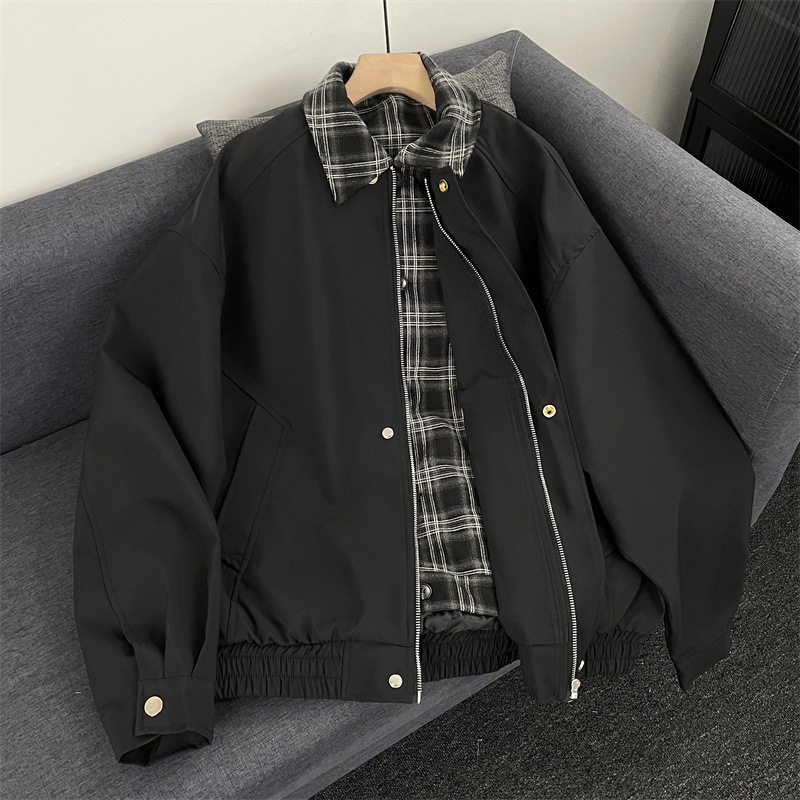 Férfi vintage hamis két részes repülőkabát kockás patchworkkal, barna, amerikai casual stílus