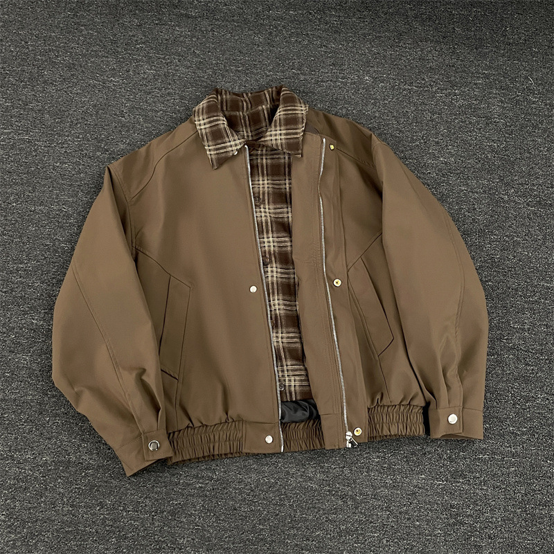 Férfi vintage hamis két részes repülőkabát kockás patchworkkal, barna, amerikai casual stílus