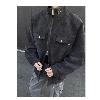 Ανδρικό μπόμπερ μπουφάν με όρθιο γιακά, φερμουάρ, μονόχρωμο, αμερικάνικου στυλ, εργασιακό ένδυμα, άνετη γραμμή