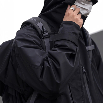 Μαύρο ανδρικό μπουφάν με κουκούλα για φθινόπωρο-χειμώνα, λειτουργικό, αδιάβροχο και ανθεκτικό στον άνεμο, εξωτερικό ρούχο εργασίας, χαλαρή γραμμή