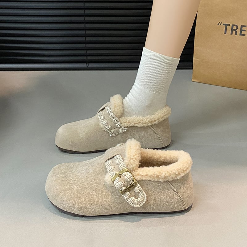 Ženske bijele cipele s flisom iznutra, tople plosnate cipele za zimu, slip-on s mekanom sole, vintage stil