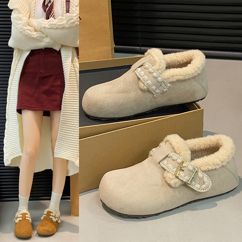 Ženske bijele cipele s flisom iznutra, tople plosnate cipele za zimu, slip-on s mekanom sole, vintage stil