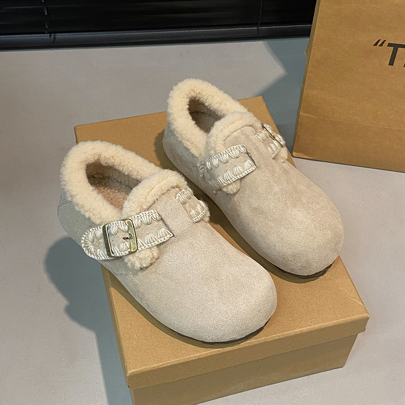 Ženske bijele cipele s flisom iznutra, tople plosnate cipele za zimu, slip-on s mekanom sole, vintage stil