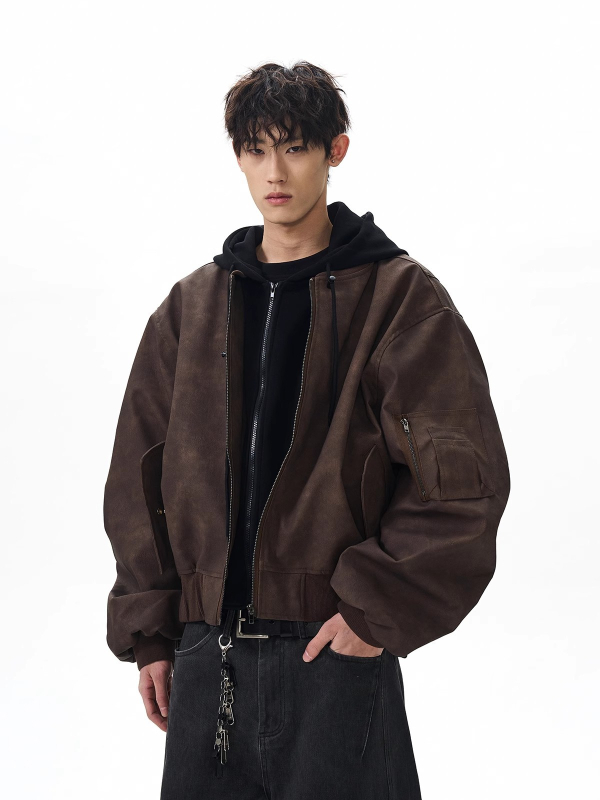 Ανδρικό bomber από PU δέρμα, vintage στυλ, άνοιξη-φθινόπωρο, χαλαρή γραμμή, φερμουάρ, σταθερός γιακά