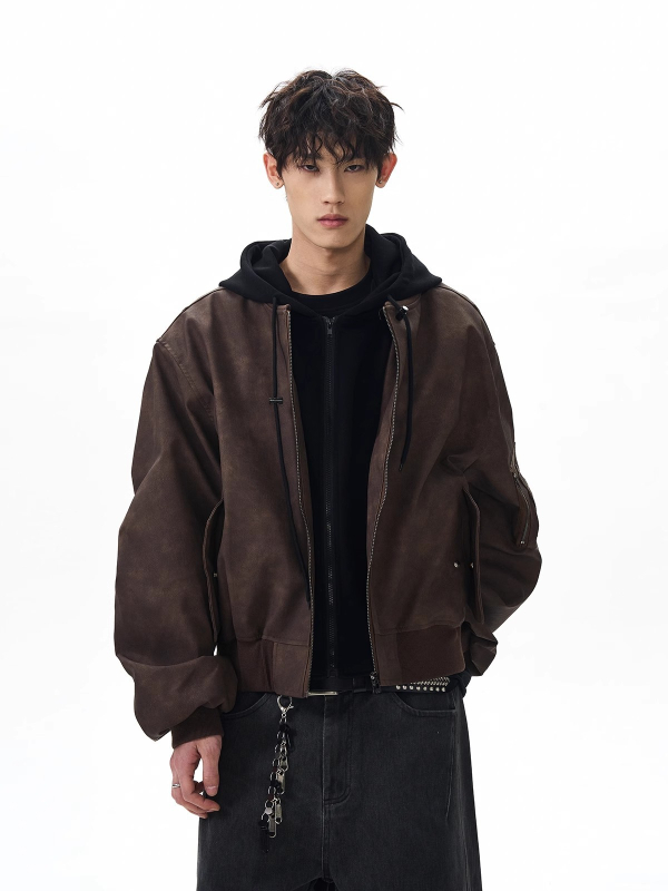 Ανδρικό bomber από PU δέρμα, vintage στυλ, άνοιξη-φθινόπωρο, χαλαρή γραμμή, φερμουάρ, σταθερός γιακά
