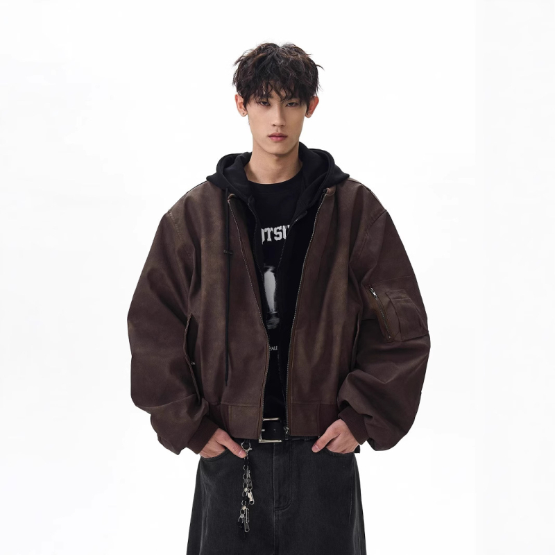 Ανδρικό bomber από PU δέρμα, vintage στυλ, άνοιξη-φθινόπωρο, χαλαρή γραμμή, φερμουάρ, σταθερός γιακά