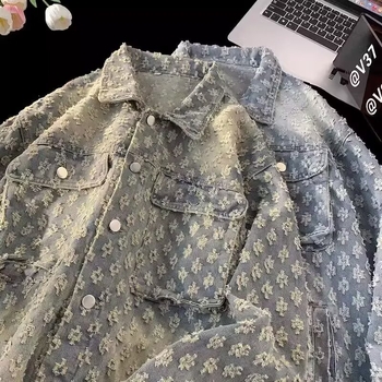 Τζάκετ από ντένιμ με σχέδιο jacquard και μοτίβο χιονιού, άνετη γραμμή, φερμουάρ, για άνδρες, μακριά μανίκια, τσέπες με ραφές, ίσιο τελείωμα, φθινοπωρινό/χειμερινό 2025