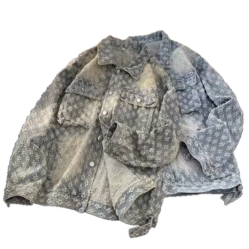 Τζάκετ από ντένιμ με σχέδιο jacquard και μοτίβο χιονιού, άνετη γραμμή, φερμουάρ, για άνδρες, μακριά μανίκια, τσέπες με ραφές, ίσιο τελείωμα, φθινοπωρινό/χειμερινό 2025