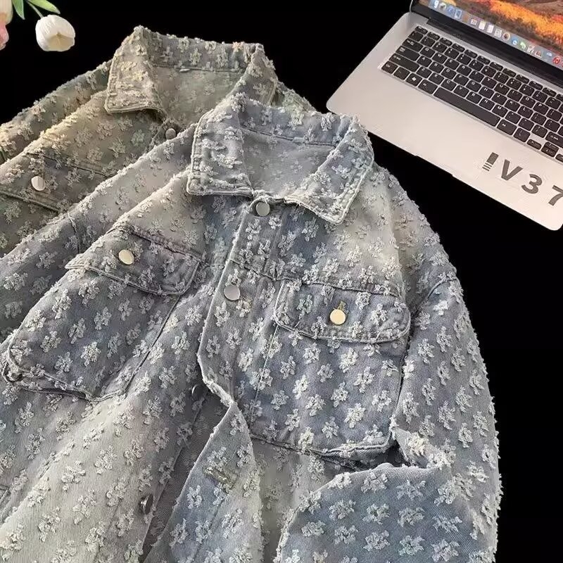 Τζάκετ από ντένιμ με σχέδιο jacquard και μοτίβο χιονιού, άνετη γραμμή, φερμουάρ, για άνδρες, μακριά μανίκια, τσέπες με ραφές, ίσιο τελείωμα, φθινοπωρινό/χειμερινό 2025