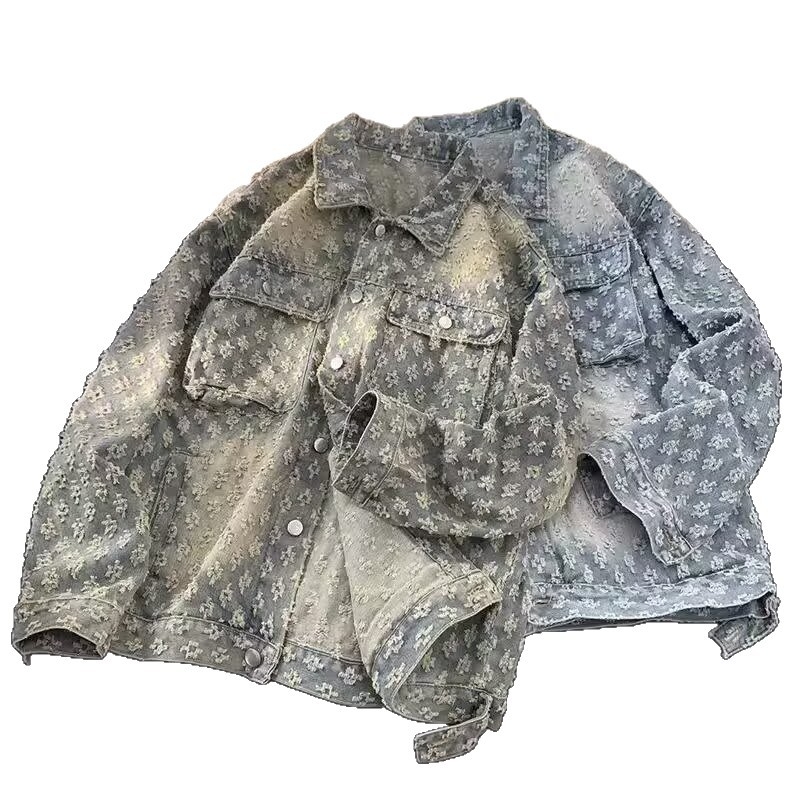 Τζάκετ από ντένιμ με σχέδιο jacquard και μοτίβο χιονιού, άνετη γραμμή, φερμουάρ, για άνδρες, μακριά μανίκια, τσέπες με ραφές, ίσιο τελείωμα, φθινοπωρινό/χειμερινό 2025