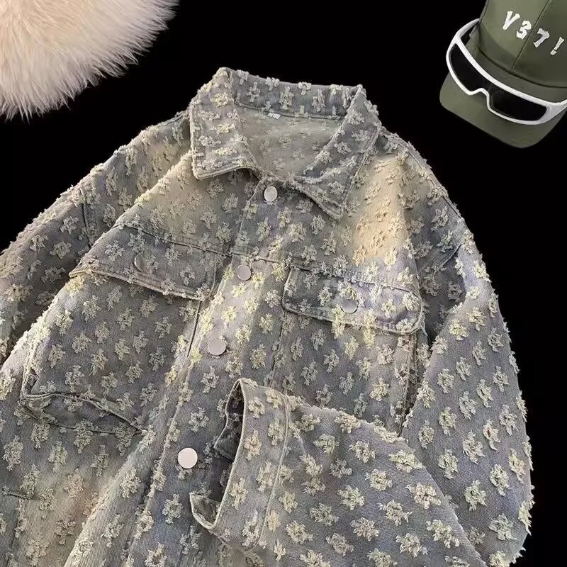 Τζάκετ από ντένιμ με σχέδιο jacquard και μοτίβο χιονιού, άνετη γραμμή, φερμουάρ, για άνδρες, μακριά μανίκια, τσέπες με ραφές, ίσιο τελείωμα, φθινοπωρινό/χειμερινό 2025