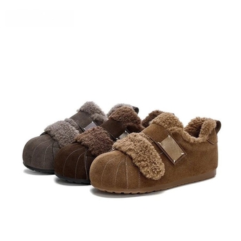 Pantofi dama cu vârf în formă de scoică, căptuțiți cu blană, închidere Velcro, talpă groasă, pentru iarnă, casual