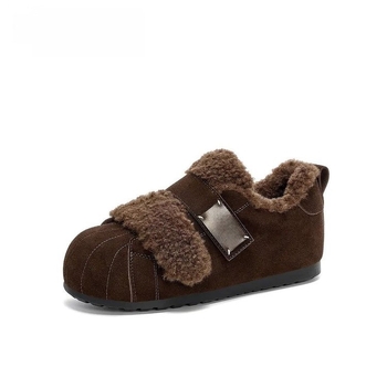 Pantofi dama cu vârf în formă de scoică, căptuțiți cu blană, închidere Velcro, talpă groasă, pentru iarnă, casual