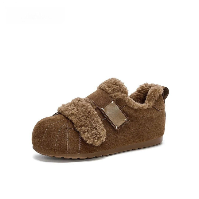 Pantofi dama cu vârf în formă de scoică, căptuțiți cu blană, închidere Velcro, talpă groasă, pentru iarnă, casual