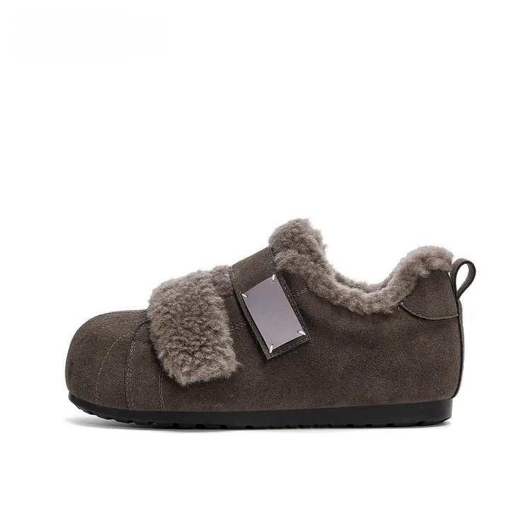 Pantofi dama cu vârf în formă de scoică, căptuțiți cu blană, închidere Velcro, talpă groasă, pentru iarnă, casual