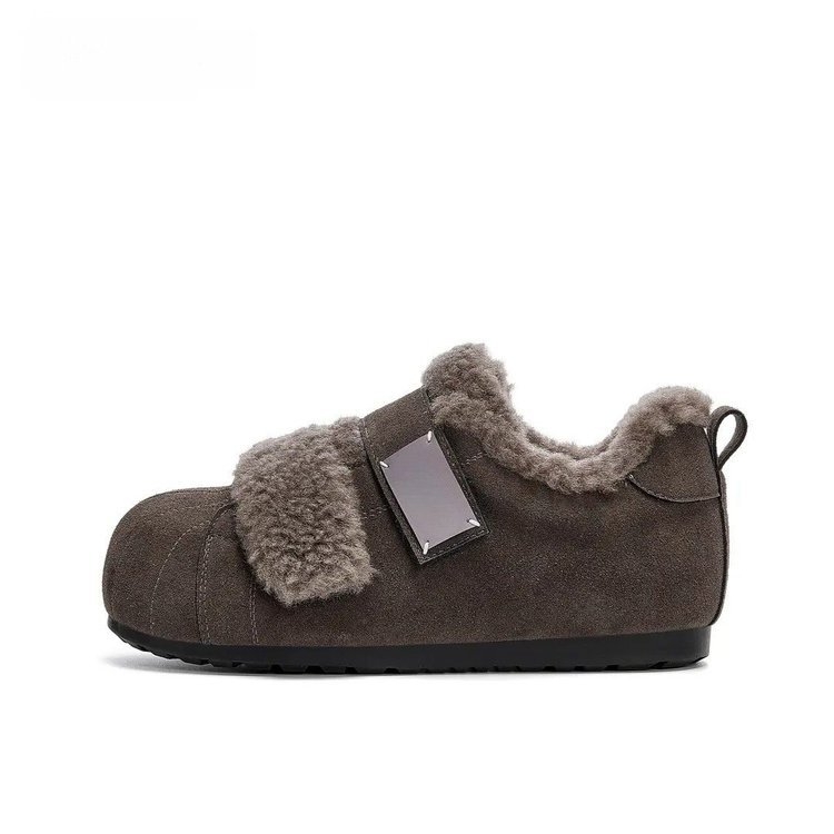 Pantofi dama cu vârf în formă de scoică, căptuțiți cu blană, închidere Velcro, talpă groasă, pentru iarnă, casual